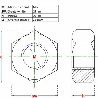 Zeskantmoer M12 DIN 934 - Kl10 - afmetingen