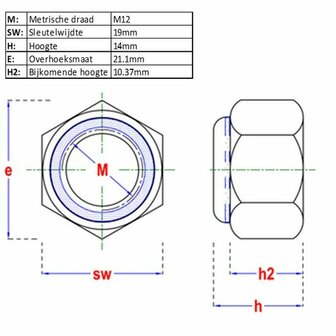 Zeskantborgmoer M12 DIN 982 Kl8 - afmetingen