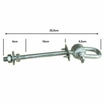 Schommelhaak gelagerd met harpsluiting en 2 borgpinnen M12x255mm afmetingen