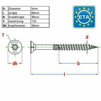 PFS houtconstructieschroef vzk-kop T25 &Oslash;5x60