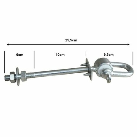 Schommelhaak gelagerd met harpsluiting en 2 borgpinnen M12x255mm afmetingen