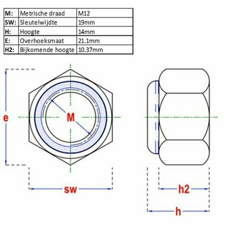 Zeskantborgmoer M12 DIN 982 Kl8 - afmetingen