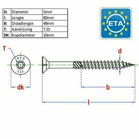 PFS houtconstructieschroef vzk-kop T25 &Oslash;5x80