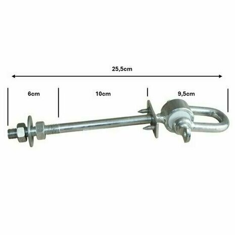 Schommelhaak gelagerd met harpsluiting en 2 borgpinnen M12x255mm afmetingen